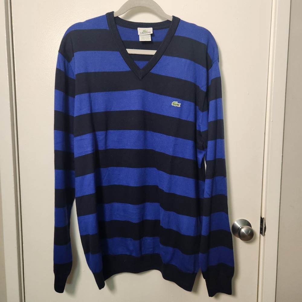 Lacoste Mens Blue Stripe V-Neck Sweater XL Alligator Logo Embroidered 100 Cotton